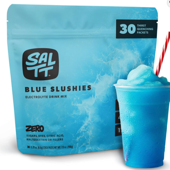 SALTT Blue Slushy electrolyte mix in a big blue bag with a slushy next to it with a red straw