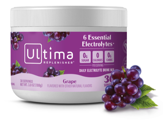 A canister of Ultima replenisher in grape flavor