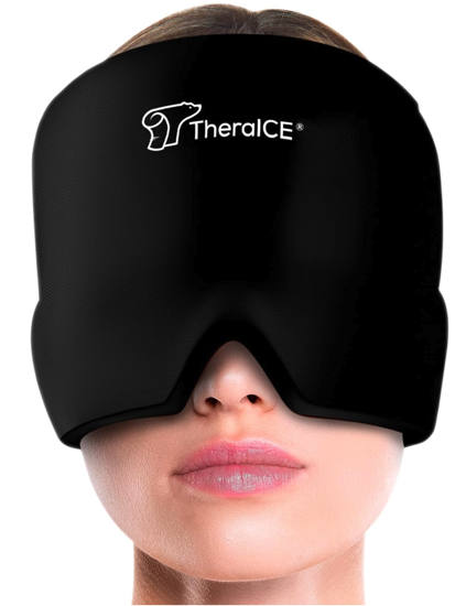 A black gel mask on a woman's face. it covers her cheeks down to the bottom of her nose and goes up past her forehead 