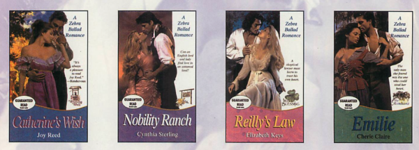 The back cover with images of the four Kensington Ballad Romances. all of which are photographs with a white bar on the right side and the title and author below