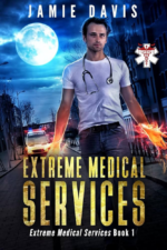 Extreme Medical Services by Jamie Davis. A man in a white t-shirt and jeans walks down a dark street. He's doing jazz hands and they are literally on fire. A stethoscope hangs around his neck and there's an ambulance in the background. The full moon is massive.
