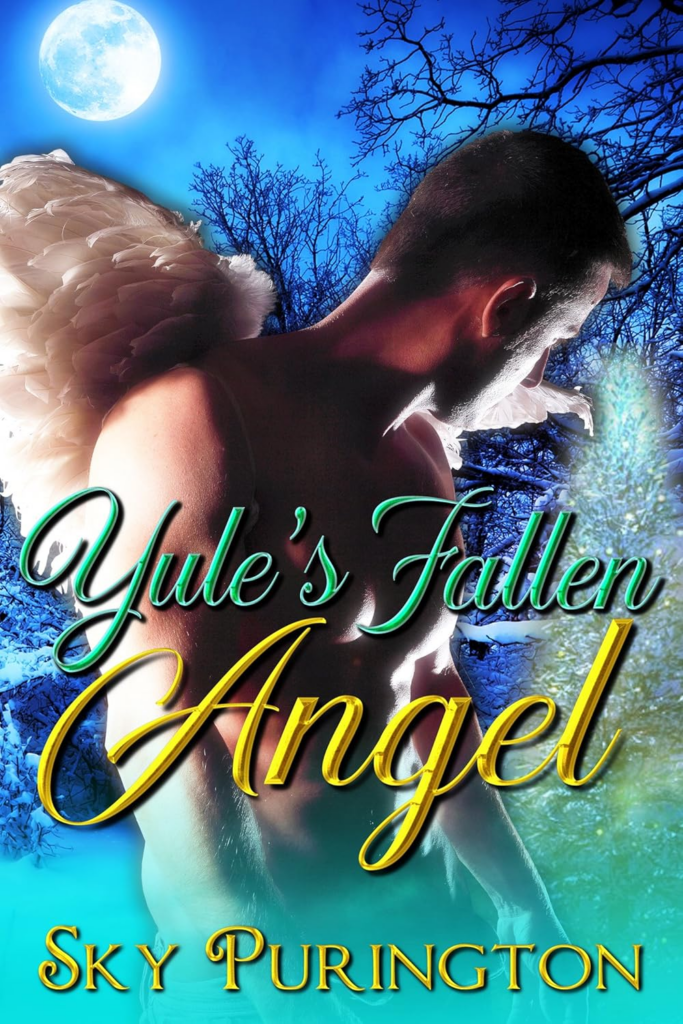 Yule's Fallen Angel by Sky Purington. A shirtless man is facing away, staring at a sparkling, glowing dead tree. We think there are angel wings on his back, but they're cut off or have been shrunken down.