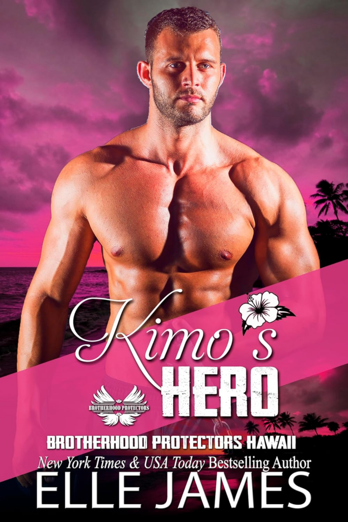 Kimo's Hero by Elle James. A very shirtless man on a hot pink cover. His pecs look like overfilled balloons and there are shadows on his shoulders that make things look...off.