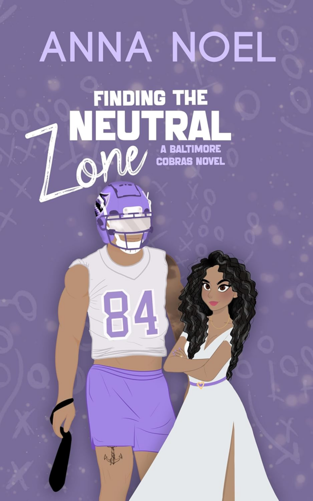 Finding the Neutral Zone by Anna Noel. An illustrated cover. The woman has brown curly hair and is in a white dress. Her arms are crossed. The man is in a football practice outfit in a sleeveless, semi-crop jersey. He has on a purple helmet and has dark fuzzy designs on one arm. He's holding a tie, I think.