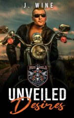 Unveiled Desires by J. Wine. A man on a motorcycle. He has on sunglasses. His leather jacket is open reveal a bare chest. His head however looks photoshopped on as it sits low on the neck.