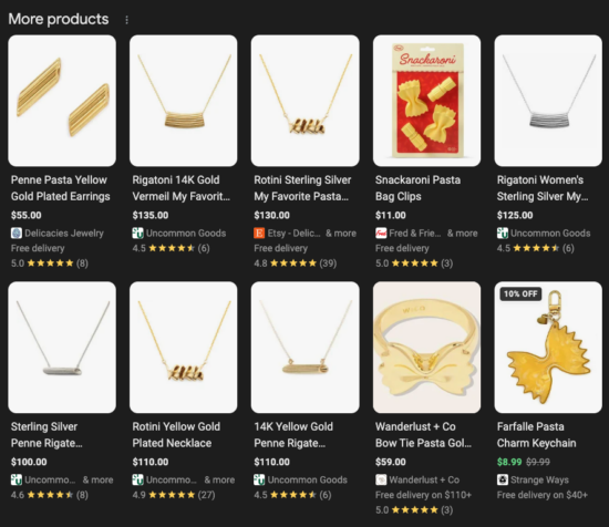 A screenshot of the Google shopping panel showing different gold necklaces shaped like pieces of pasta for sale between $50-200 