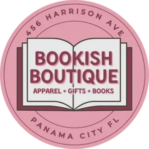 Bookish Boutique Logo: A pink circle with an open book in the center with text that reads BOOKISH BOUTIQUE apparel, gifts, books. Around the outside is the address 