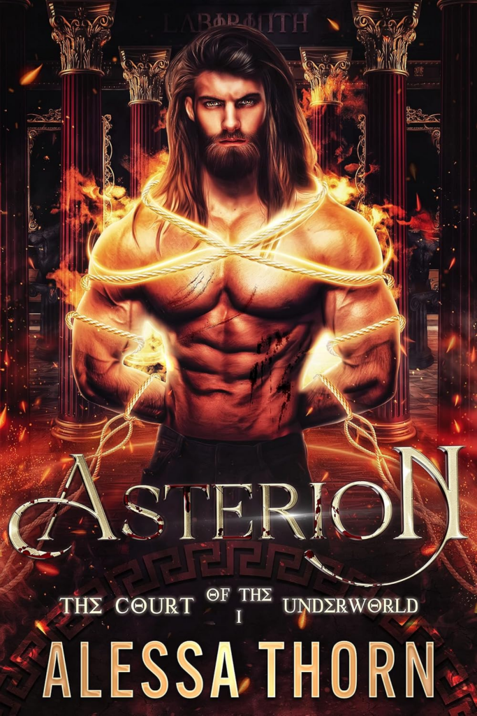 Asterion by Alessa Thorn. A shirtless man with the figure of a dorito (wide shoulders and narrow hips) is tied up by Wonder Woman's lasso of truth. He looks grumpy with a bushy beard and long stringy hair flopped over to one side.