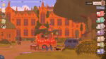 A screengrab of the game: a red book trailer with lights is parked in front of a large gothic building drawn in orange and grey, with trees and flowering bushes on the side