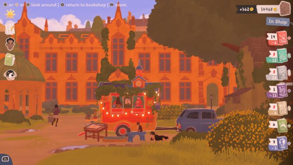 A screengrab of the game: a red book trailer with lights is parked in front of a large gothic building drawn in orange and grey, with trees and flowering bushes on the side