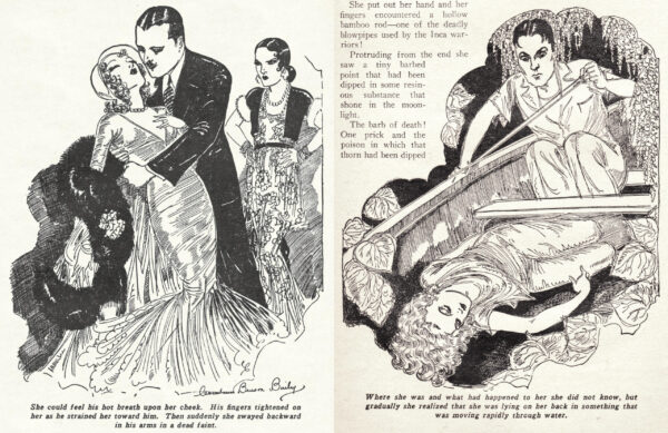 Two illustrations from the story one of a man in a suit with a tiny swirled moustache kissing a woman in a gown. The next is a scene in the canoe where a woman is passed out and he's looking all mad but no mustache!