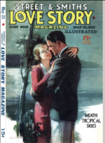 Love Story magazine May 23 1931 - a woman with blonde pressed hair in a burgundy dress embraces a white man in a jacket and slacks against a dead tree with water in the background