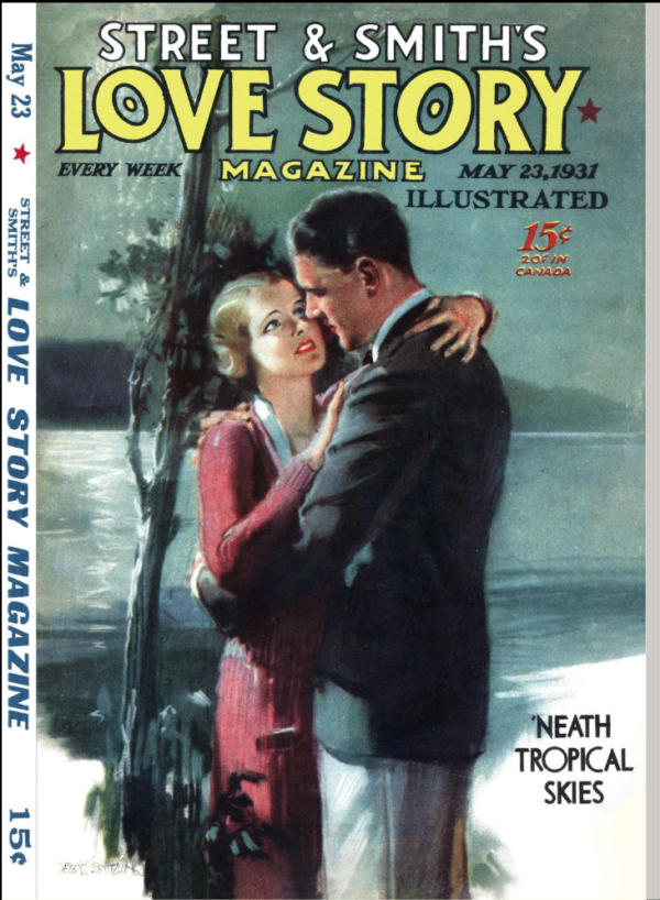 Love Story magazine May 23 1931 - a woman with blonde pressed hair in a burgundy dress embraces a white man in a jacket and slacks against a dead tree with water in the background