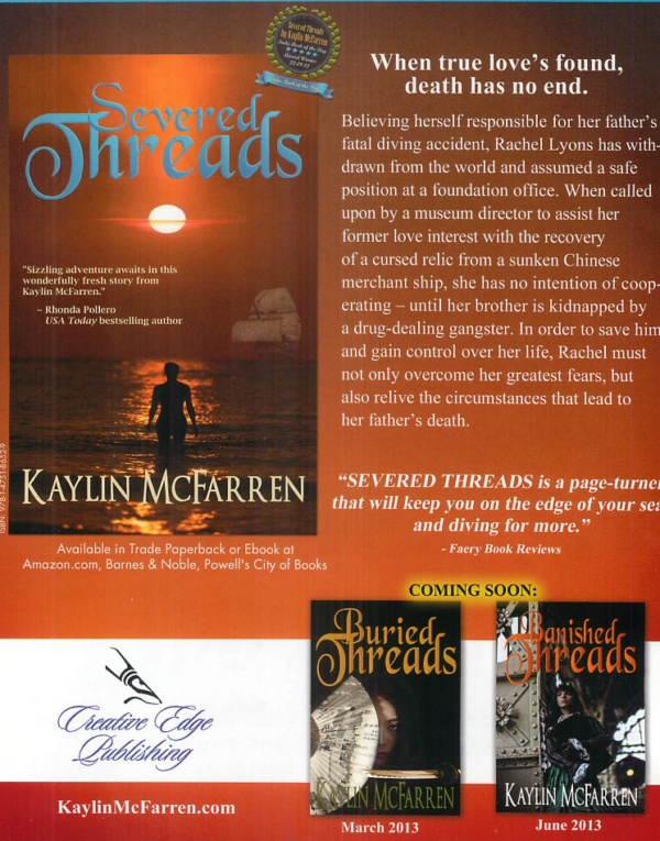 An ad for a series where the titles are similar and all have the word THREADS but the background images make the word look different on each book. It looks like the titles are Severed Threads, Buried Freds, and Banished Shreds. 