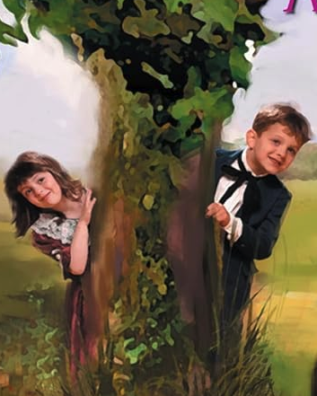 A close up of the kids. The girl is wearing a burgundy dress with a lace top, while the guy is wearing a ribbon tie like an Antebellum cosplayer. 