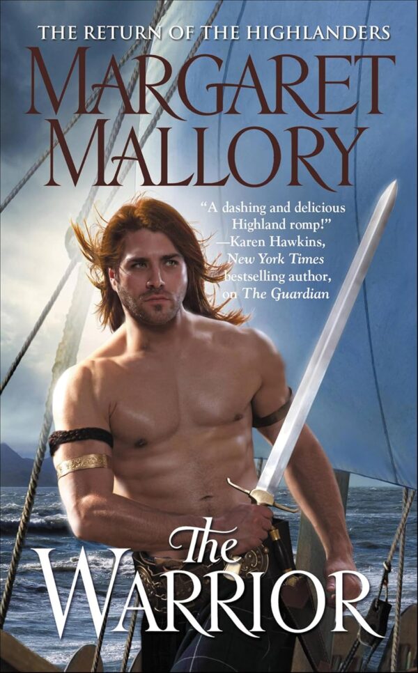 Margaret Mallory The Warrior - a man with photoshopped red wig on his head and multiple armbands holds a sword. HIs abs are like long cucumbers laid sideways 
