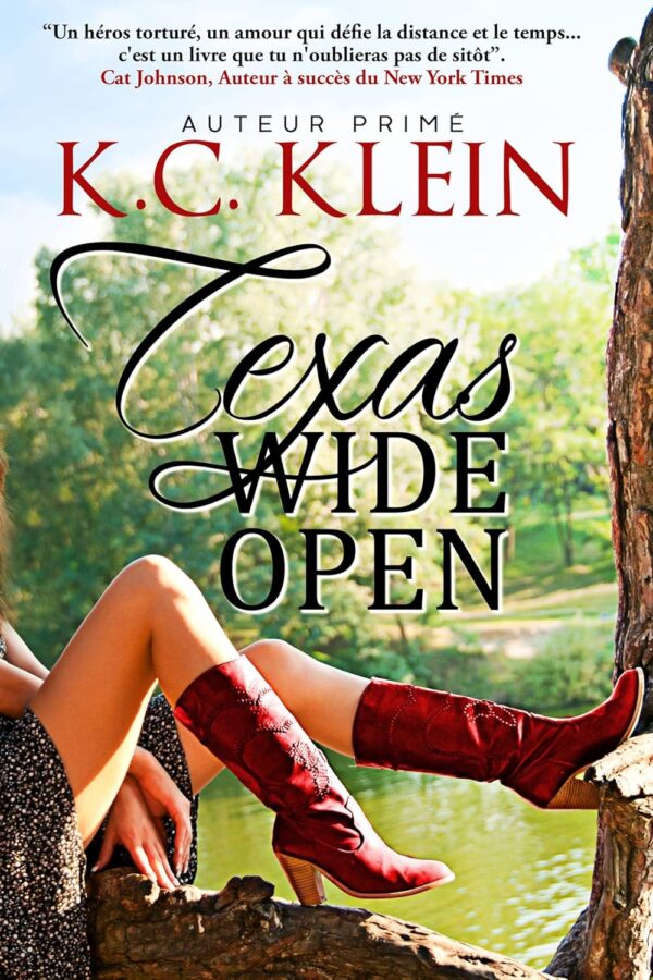 Texas Wide Open by KC Klein - a woman with long legs and knee high red boots is stitting on a railing with her legs open and bent and her hands resting between the legs