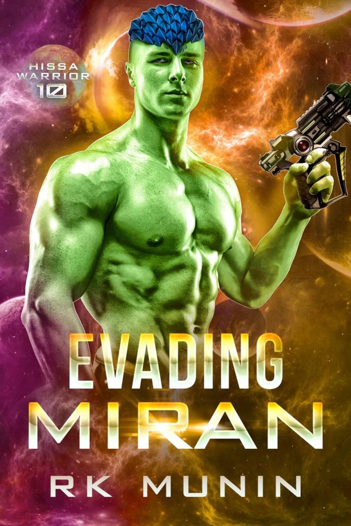 Evading Miran by RK Munin. A bright green shirtless man wielding a blaster pistol in space. His hair looks like a 3D printed bright blue spiky shell. 