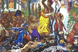 brightly colored painting shows a Black woman in a yellow dress, breasts exposed, wielding a machete