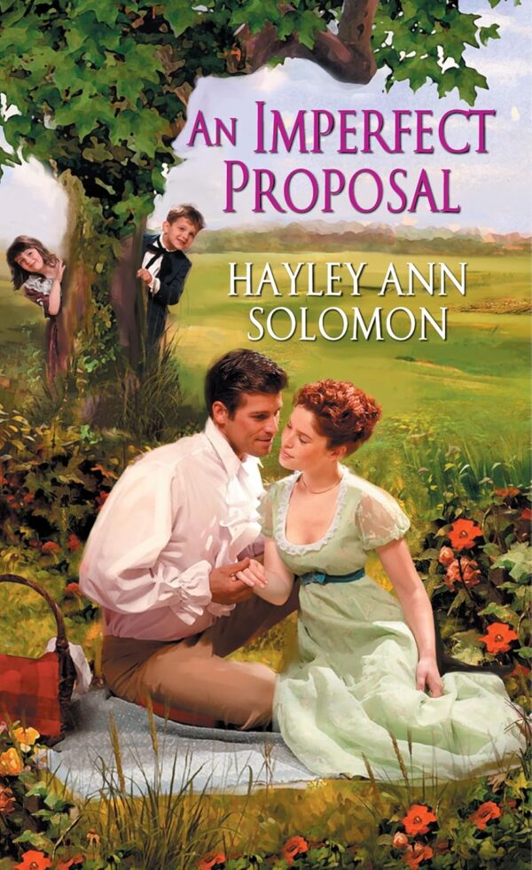 An IMperfect Proposal - a man in a cravat and waistcoat at a picnic with a woman with red hair and a historical gown while two children peek from behind a tree to spy on them 