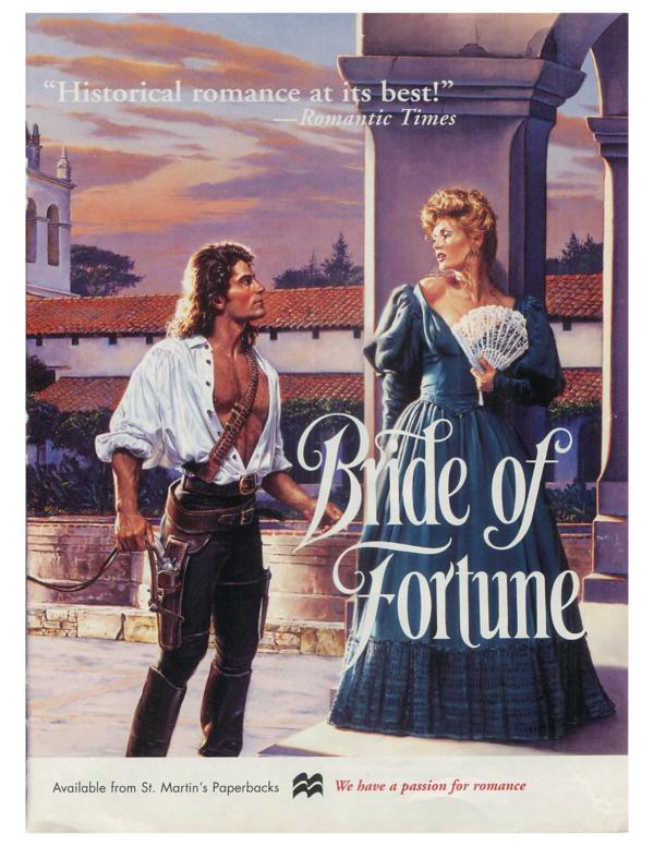 This is a stepback image as a magazine ad, full page, full color (the centerfold, in fact). Two people are standing in some kind of courtyard with Spanish tiles on the roofs and possibly a church tower in the corner. The sky is peach and violet. On the right is a blonde white woman with an ample updo of her hair with a few key tendrils falling behind and in front of her ear. Tendrils are very important in romance land. She is wearing a gown in a teal blue with a deep (I MEAN DEEP I THINK I SEE HER STERNUM) v neck, slightly off the shoulder (obvs) with puffy sleeves and a fitted bodice over a side shirt with lace? Plaid? Printed fabric? Something? at the hem forming a probably 18" ruffle at the base. I think the forearms of the sleeves are the same fabric but I might be wrong. She's holding a white lace fan and is leaning against the pillar behind her looking to her side. She looks gassy, or passionate, or gaspy, or hopped up on quaaludes, whichever you like. But on the LEFT HELLO YES HI THERE SIR. There's a man with a curly fluffy mullet the likes of which I have not seen in a long time. His hair is wavy the way I wished mine was when I was 16 (and is now thanks to peri menopause except did you know curly hair decides what it looks like? Not you?) His curls are in charge and they're doing a great job. His mullet is fulsome and fluffy and the sun is lighting it from behind so it glows. GLOWING MULLET. Gosh what a gift. He's wearing a white button down shirt with big big pirate sleeves which are rolled up because this artists knew that forearms are hot AF. His shirt is unbuttoned but still tucked in ("TIS THE LAW) and he's got a hair chest AND a peekaboo nipple! What sad tidings this nipple brings, though, because he's also wearing a bullet-studded bandolier across his chest and that HAS to chafe, right? He's got a belt, and dark trousers, AND a gun belt that holds a REALLY LONG BARRELED GUN. Like this gun is LONG long. I wonder what that means. He's also got a knife strapped to his other thigh, and knee high boots that have seen some things. He's leading a horse (who is on the other page, not pictured) and looking up at the blonde woman with his free hand reaching forward. 