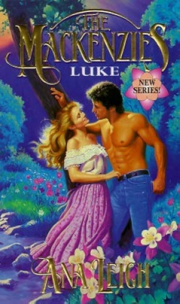 The Mackenzies: Luke by Ana Leigh A shirtless man in belted jeans with a puffy mullet is leaning against a tree with his arm behind the head of a blonde white woman in a ruffled off the shoulder pink gown. Everything around them is cobalt, teal, pink, and yellow. It’s like Lisa Frank crashed into the bisexual pride flag. 