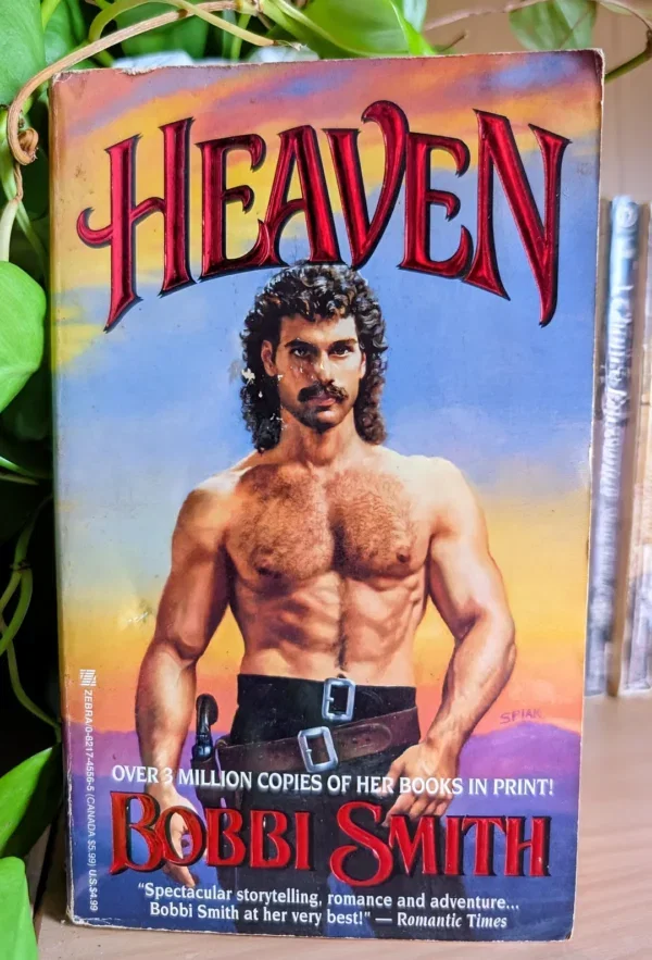 Heaven by Bobbi Smith with a man with a VERY curly mullet and massive mustache shirtless with chest hair and a belt staring at the reader. 