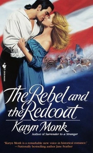The Rebel and the Redcoat by Karyn Monk A blonde woman with 80s fluffy hair and an off the shoulder teal gown is embracing a man with black hair in a low stubby ponytail. He’s wearing a GIANT puffy shirt (was there only one shirt? Did all the model shoots share it?) which is somewhat unbuttoned but only the v at the top is visible (BOOOOO) but it’s still tucked in (YAAAAAY) to black pants. Behind them are the red and white stripes of the American flag with a blue triangle on the lower right. Behind them is an illustration of some revolutionary soldiers fighting in a full out battle, cannons, flag, and bayonets and all. 