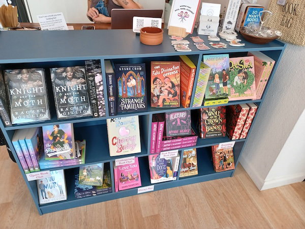 A checkout counter that's a slate blue bookshelf stacked with bestsellers including The Knight and the Moth, The Prospects, and Strange Familiars. There are stickers visible on the countertop