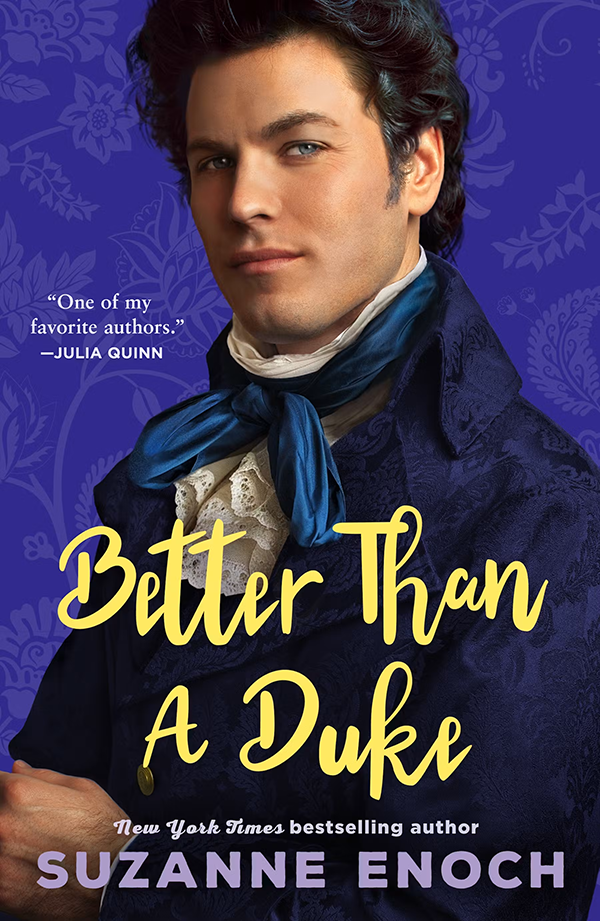 Better than the Duke: a white man with blue eyes, dark hair and sideburns is wearing a blue scarf over a white lace cravat with a high collared vintage jacket. He is looking at the viewer with a sort of snide smirk on his face. It's not very alluring. 