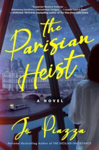 The Parisian Heist by Jo Piazza: A photograph over the shoulder of a woman in a white tee shirts looking out the glass windows of the Orsay at Paris below her. The title and author name are written in yellow script while the photo is mostly muted colors in blue, grey, and violet 