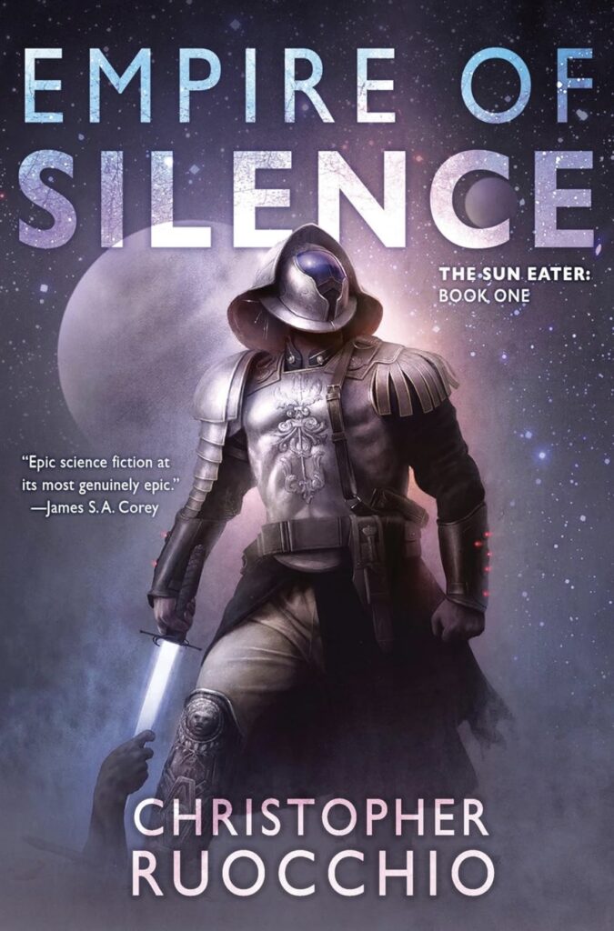 Empire of Silence by Christopher Ruocchio. A figure in sci-fi armor with a starry sky and a gray planet in the background. The helmet is the most concerning because it looks like the head of a penis. Like very much so.