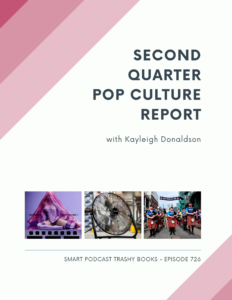 Second Quarter Pop Culture Report with kayleigh Donaldson, featuring a picture of Madonna's new album, a fan, and the Tartan Army in Boston. The corners have a pink to red faded pattern and it looks like a corporate quarterly report