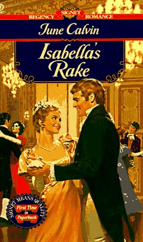 The 1997 cover of Isabella's Rake: A man in a cutaway coat, cravat and light trousers is dancing with a woman in a peach colored Regency style empire waist gown. She has white flowers in her hair and is smiling up at the man, who is also smiling at her