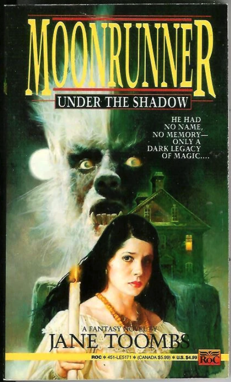 Moonrunner by Jane Toombs. A woman with dark hair holds a a candle and looks worried. Behind her is a dark menacing house with yellow glowing windows and behind that is a demonic looking figure with white stiff hair yellow eyes, a flat nose and sharp teeth