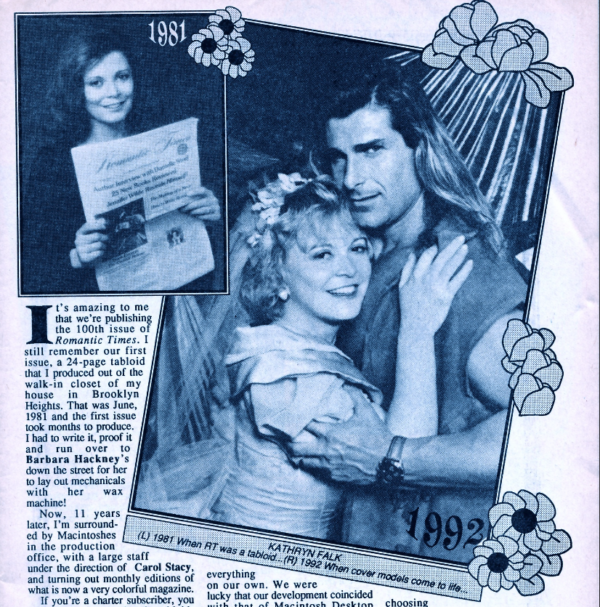 Two photographs of Kathryn Falk from the 100th issue, Top left is Kathryn holding the first issue, a tabloid style newspaper, in 1981. Her hair is long and dark in a side part. Then a second photo of her in 1992, dressed in a gown with flowers in her hair and possibly a veil. her hair is shorter, blonde with bangs. She is embracing Fabio, who is resting his cheek on her forehead.