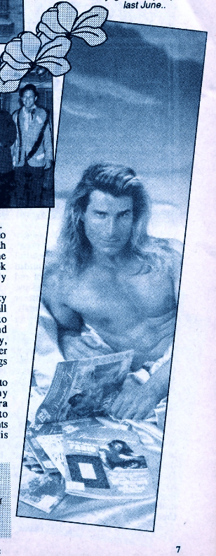 A black and white photo of Fabio smoldering at the camera, while lounging shirtless on a bed reading issues of RT magazine. I am DEVASTATED that I don't have one.