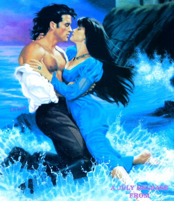 A close up of a cover with a woman with long black hair and bangs, kind of Xena Warrior Princess style, in a blue dress kneeling in the surf. A man with a massive mullet and his shirt partially peeled off his shoulders is embracing her. Somehow they are kneeling on the water, even though submerged rocks are visible behind them.