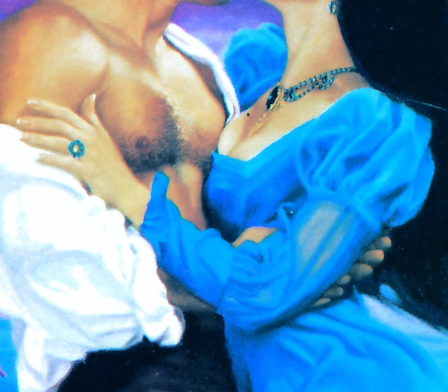 A Close up of the couple embracing while on top of the water. The way the illustration is drawn, his right hand is reaching across her ribs beneath her arm. Because his other hand is behind her, at a glance it looks like his right hand has 7 fingers.