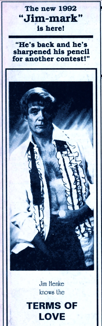 The Jim-Mark featuring Jim Henke in a ruffled tux shirt and untied bow tie, holding a silver coin in his hand at his waist.