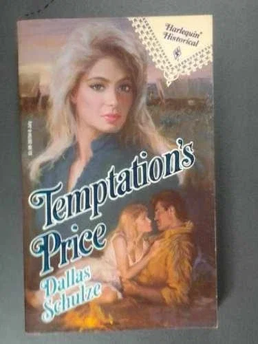 Temptation's Price by Dallas Schulze A large illustration of a white blonde woman (as in she is white and so is her hair) with a mostly out of focus technique except for her eyes and nose which are very large and very in focus. The effect is very uncanny