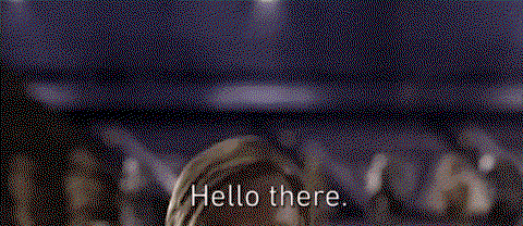 Ewan McGregor as Obi Wan's head rises from the lower edge of the gif and says HELLO THERE.