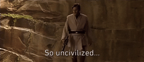 Ewan McGregor walks into a cave and tosses a gun aside saying So Uncivilized...