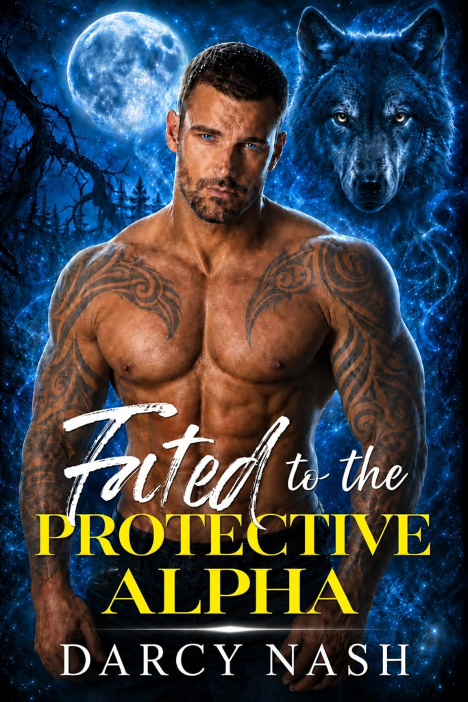 Fated to the Protective Alpha by Darcy Nash. A shirtless dude who looks very sad and has tribal tattoos along his arms and up to his pecs. An angry wolf glowers in the background where white glittery tendrils swirl around a full moon. 