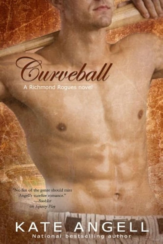 Curveball two: A close up of a sweaty man’s shirtless abs in a baseball uniform trouser with a bat over his shoulders. It looks very similar to the Play by Play covers by Jaci Burton.
