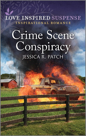 Crime Scene Conspiracy by Jessica Patch. A pickup truck is on fire in a field in front of a barn.