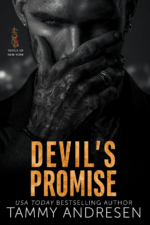 Devil's Promise by Tammy Andrews. A close up photograph of a man's face in black and white. He's covering his nose and mouth with his hand, which is heavily tattooed.
