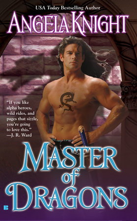 Master of Dragons by Angela Knight: A man with long black hair is shirtless in some kind of stone dungeon (it’s clearly copy and paste with some outer glow enabled). He’s got jeans? On? And a sword, but right in the middle of his chest is a tattoo of a dragon shaped like an S.
