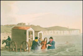 Illustration of very wet young woman being helped out of a bathing machine.