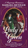 Lady in Green - a deep purple cover with an illustration of a man and woman in Regency garb horsebackriding
